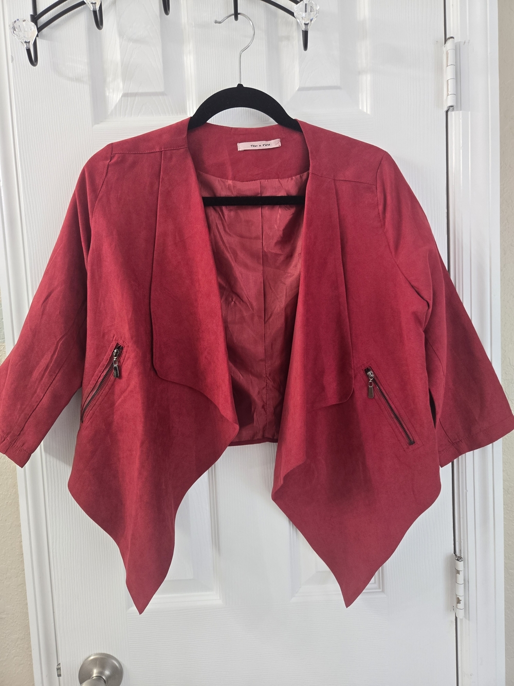 Red Draped Open-Front Moto Blazer